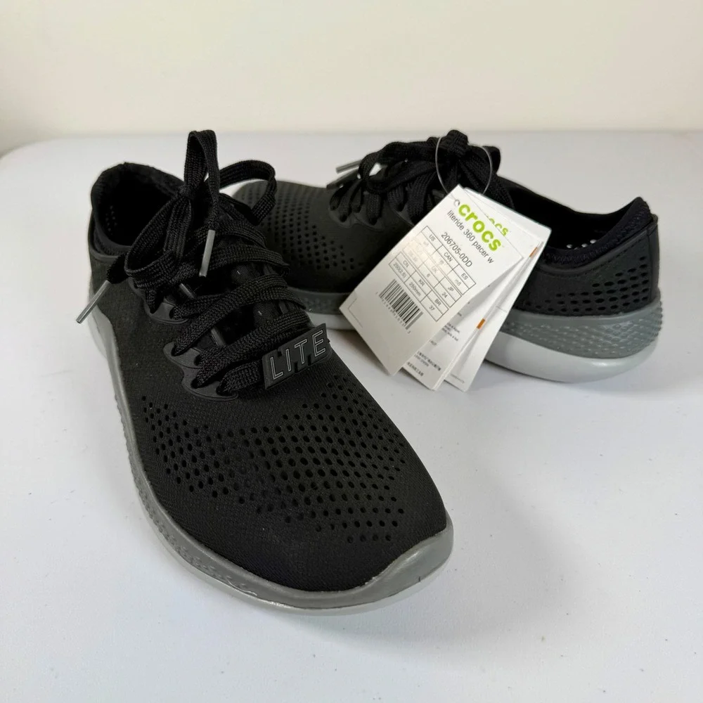 NEW Crocs LiteRide 360 Pacer Sneakers Size 8 Black Lace Up Lightweight NWT